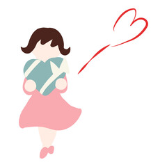 Girl Holding a Ribbon Heart with Red Heart Line Illustration