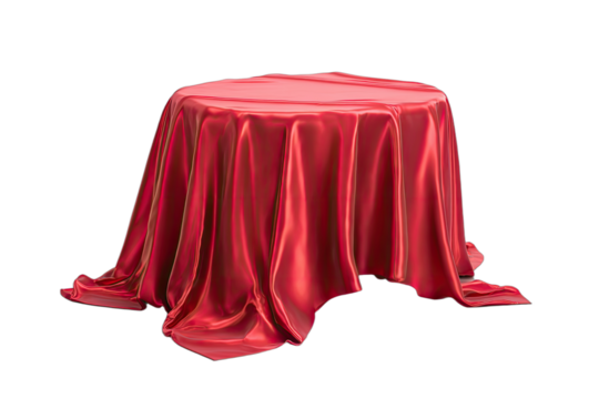 A round pedestal table, draped in luxurious crimson red fabric, isolated on a black background