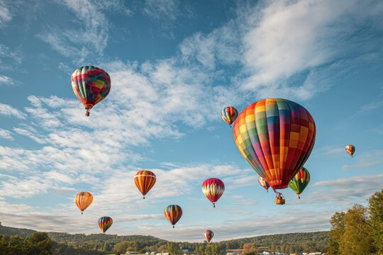 Vibrant balloon display: a flotilla of colorful balloons filling a bright blue sky - Powered by Adobe