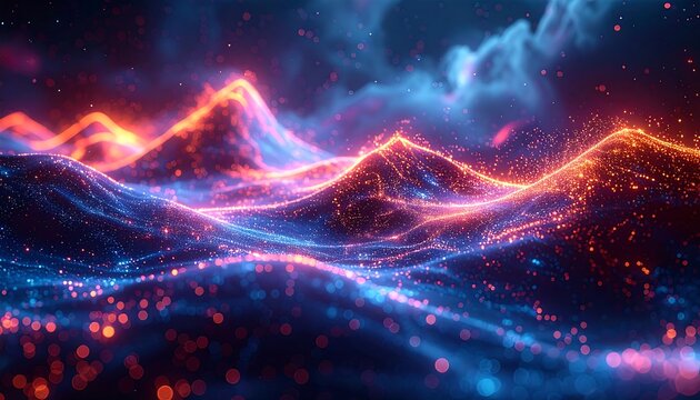 Abstract landscape with glowing orange peaks and shimmering blue waves under a cloudy sky