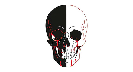 Black and White Skull Illustration with Red Accents