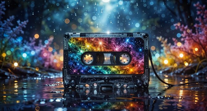 a vibrant retro cassette tape floats in water reflecting colorful bokeh lights and a dreamy nebula sky.