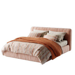 Obraz premium Plush, upholstered bed with striped bedding and a cozy orange throw