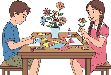 Children creating colorful paper crafts at table, art activity with origami, flowers, scissors and glue, creative kids crafting together happily