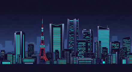 Futuristic city skyline at night with illuminated skyscrapers