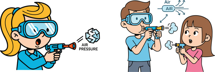 Children learning science with air pressure experiments, cartoon kids using air-powered devices, educational illustration showing physics concepts, playful STEM activity
