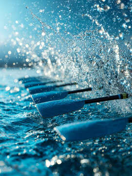 Team rowing in unison creating dynamic water splashes and sparkling droplets during intense paddling on a bright, sunny day in serene blue water