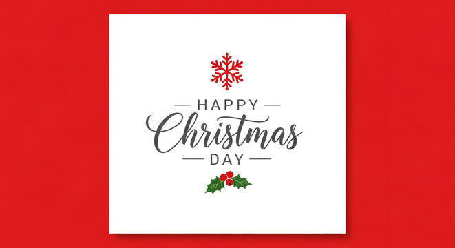 Happy Christmas Day greeting with snowflake and holly berries on white square holiday