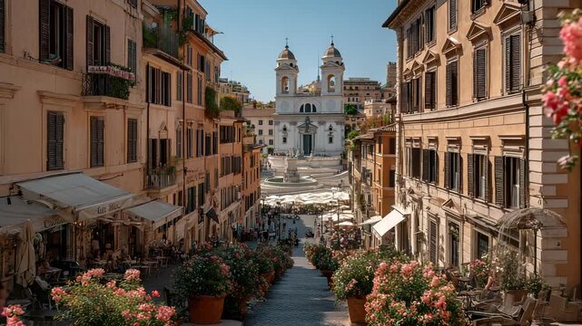 Scenic View of the Spanish Steps and Trinit&agrave; dei Monti Church in Rome, Italy, Featuring Cobblestone Street and Outdoor Cafes