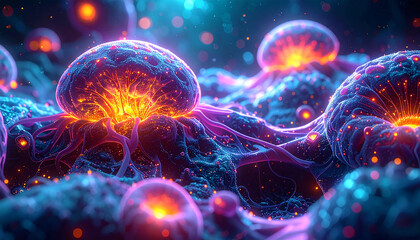 Glowing Jellyfish: An abstract view of radiant jellyfish, their bioluminescent forms casting a mesmerizing glow in the depths of an aquatic realm.