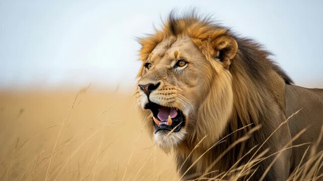 Majestic male lion with a magnificent mane roars or yawns, standing tall in the golden savanna. This powerful predator symbolizes strength and the wild spirit of africa