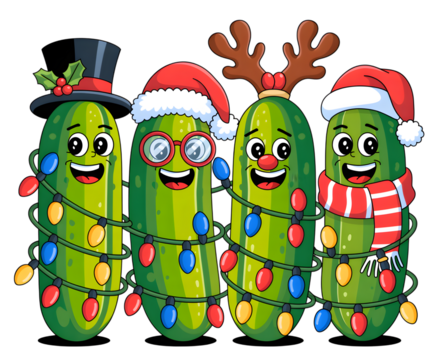 Four festive pickles wearing Christmas hats and lights isolated on transparent background - Powered by Adobe