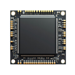 Microcontroller development board with square integrated circuit and gold pins isolated on Transparent Background