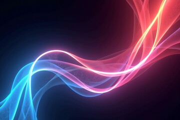 Neon blue and pink light trails swirl against dark background, creating dynamic, glowing motion in futuristic digital art.