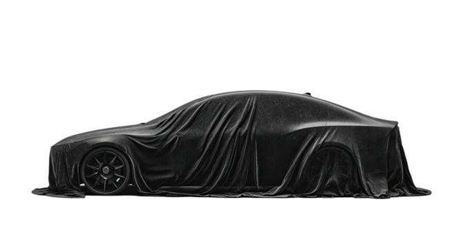 Sleek vehicle silhouette shrouded in dark fabric, wheels peeking out