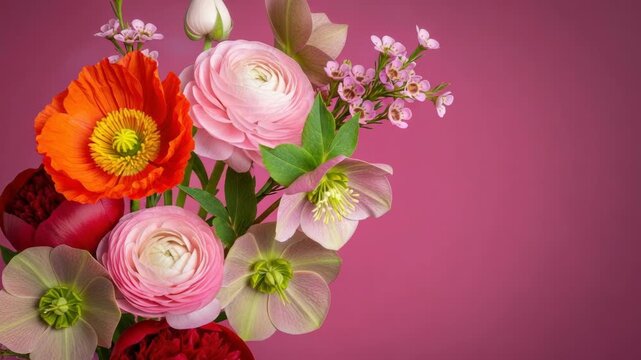 Beautiful spring flower bouquet with poppy, ranunculus and hellebore. Colorful floral arrangement on a pink background for a holiday greeting card or web banner template