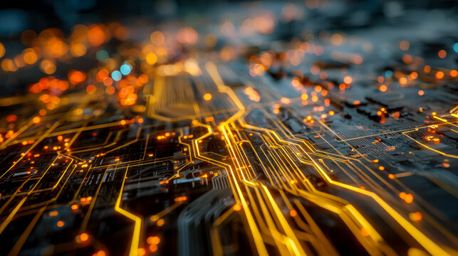 Futuristic digital circuit board with glowing neon pathways and data points