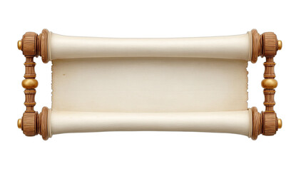 Horizontal scroll with ornate wooden handles, aged paper, isolated on black background