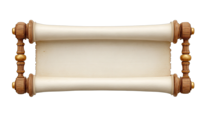 Horizontal scroll with ornate wooden handles, aged paper, isolated on black background