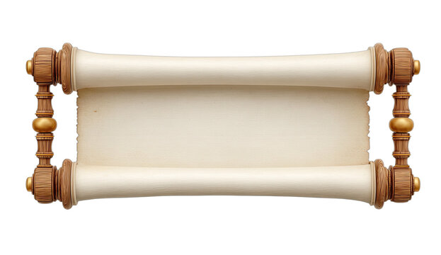 Horizontal scroll with ornate wooden handles, aged paper, isolated on black background