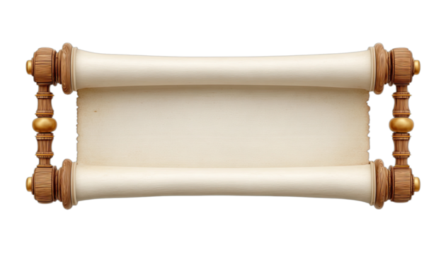 Horizontal scroll with ornate wooden handles, aged paper, isolated on black background
