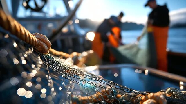 Faceless crew framed in gentle bokeh light as they pull nets together, focus on ropes stretching across the deck, morning calm, with copy space