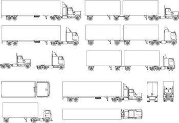 Technical vector set of classic semi-trailer trucks and tractor units in various side, front, rear, and top views.