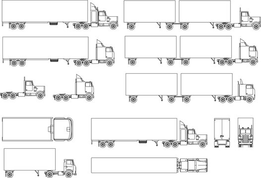 Technical vector set of classic semi-trailer trucks and tractor units in various side, front, rear, and top views.