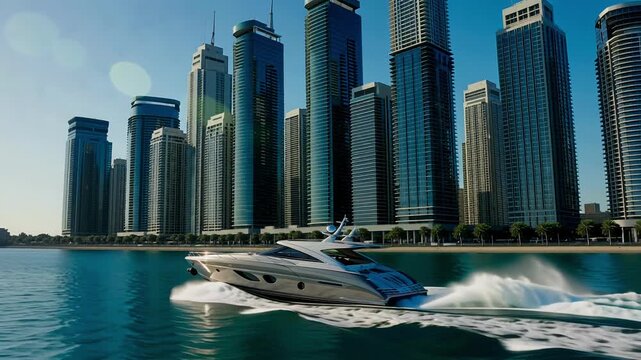 Luxury Coastal Cruise A drone follows a speedboat gliding along the coastline with stunning skyscrapers, perfect for travel and lifestyle visuals