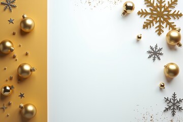 Fototapeta premium Golden ornaments, glittering snowflakes on yellow-white backdrop. Festive holiday decor in flat lay style.