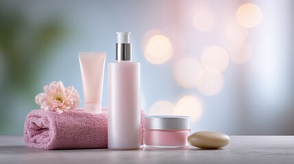 postbiotics. Skincare products and accessories arranged elegantly with soft focus. lifestyle magazines, social media lookbooks, designed for lifestyle magazines and social media content.