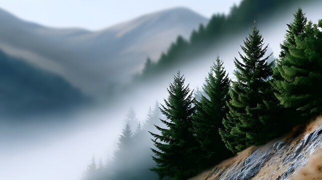 Misty mountain valley with dense fir forest illuminated by morning light, dramatic landscape. Nature, Carpathians, Alps, peace, serenity, travel, tourism, steep slope