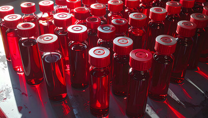 Red Liquid Vials: A multitude of meticulously arranged glass vials, each filled with a vibrant red liquid. This image evokes feelings of both curiosity and scientific rigor.