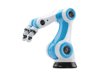 Robotic arm with a white and blue segmented structure, articulated joints, and grippers