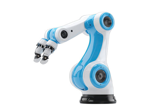 Robotic arm with a white and blue segmented structure, articulated joints, and grippers