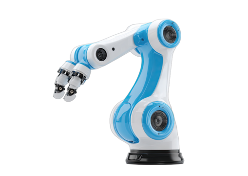 Robotic arm with a white and blue segmented structure, articulated joints, and grippers