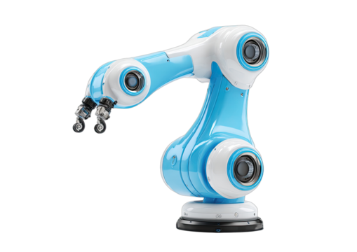 Futuristic industrial robotic arm with articulated joints on a dark background