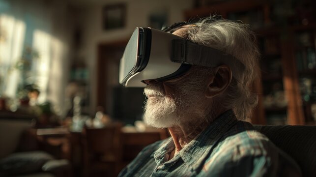 Elderly Man Wearing Virtual Reality Headset Sitting in Cozy Home Environment