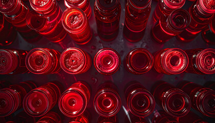 Ruby Elixir: A striking overhead view captures an array of glass bottles filled with a rich, ruby-red liquid, evoking feelings of luxury, sophistication, and refined taste.