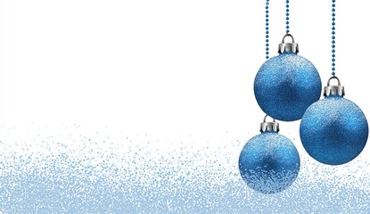 a white background with three blue christmas ornaments hanging on it, snowflakes falling in the upper right corner of the image, leaving space for text at the bottom left.