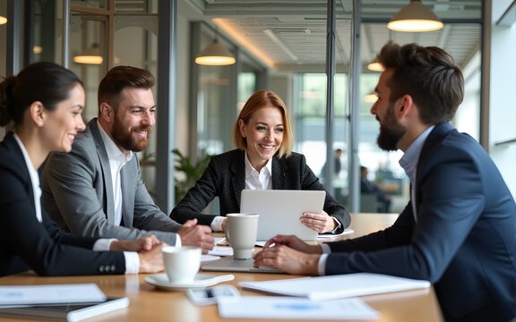 Marketing professionals collaborating on project in modern office. High quality - Powered by Adobe