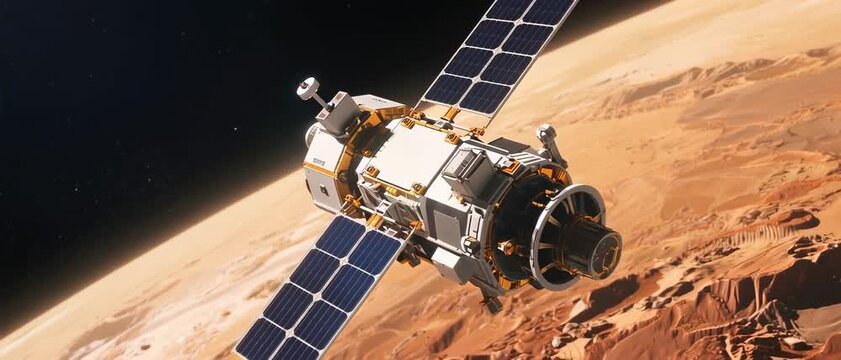 Orbiting, Advanced Satellite Probe, Mars Orbit, Space Exploration Render, Cosmic Environment, Dynamic Diagonal Viewpoint, Futuristic Technology Concept