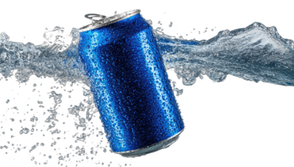 Refreshing blue can submerged in a splash of cool water with droplets