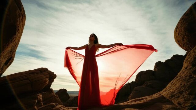 Dramatic sequence of an elegant woman in a flowing red dress on a rocky desert landscape. The sun backlights her silhouette as the sheer fabric billows in the wind