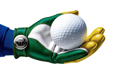 A golfer's hand holding a golf ball, isolated on a transparent background