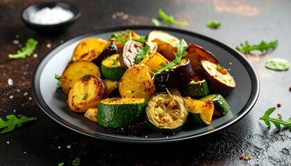 Close-up of a plate of roasted vegetables with herbs, zucchini, potatoes, and eggplant on a dark textured surface