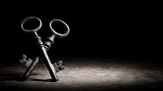 soliloquy. Two antique skeleton keys crossed on a dark textured background with dramatic shadows. lifestyle magazines.