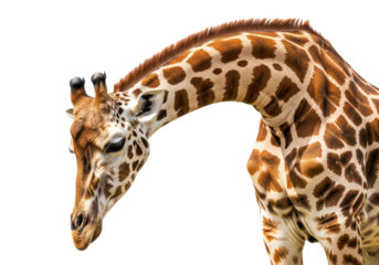 Graceful giraffe gracefully bowing its head in a moment of peaceful reflection, showcasing unique patterns and majestic presence, perfect for wildlife designs