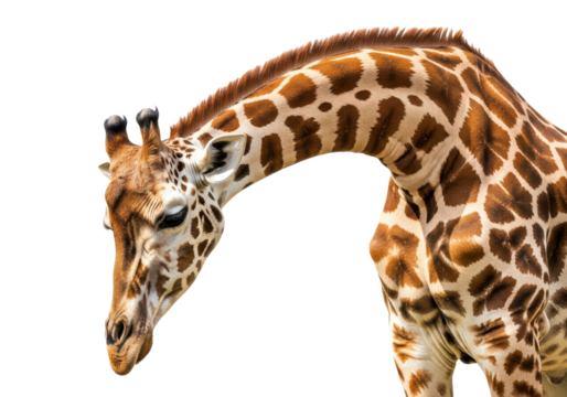 Graceful giraffe gracefully bowing its head in a moment of peaceful reflection, showcasing unique patterns and majestic presence, perfect for wildlife designs