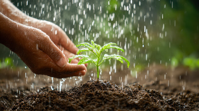 Hands gently nurturing a young green seedling under falling rain droplets in rich soil symbolizing growth, care, and the beginning of new life in nature